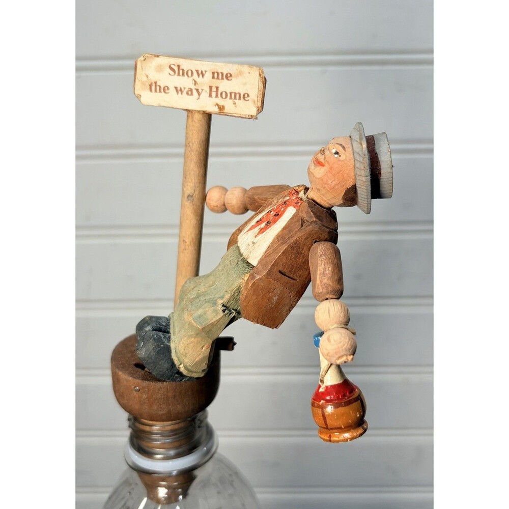 Vintage Anri Hand Carved Wood Mechanical Drunk Man Cork Bottle Stopper